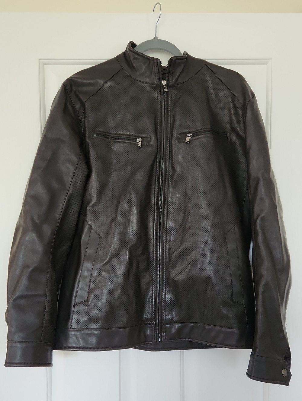 Men's Michael Kors Dark Perforated Leather Jacket with Zip Pockets